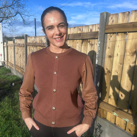 Brown/Tan Flower Button Knit