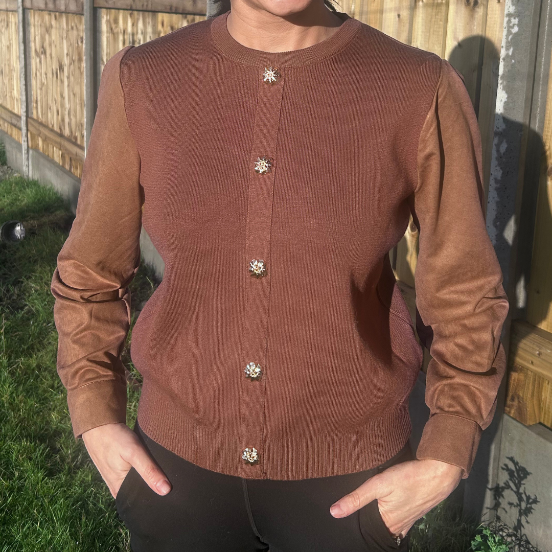 Brown/Tan Flower Button Knit