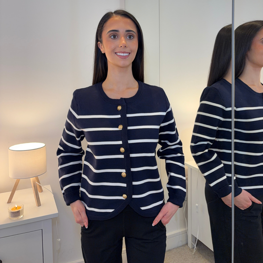 Navy/White Striped Gold Button Cardigan