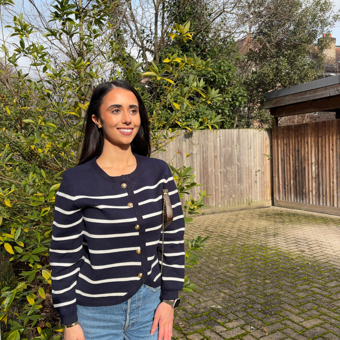 Navy/White Striped Gold Button Cardigan