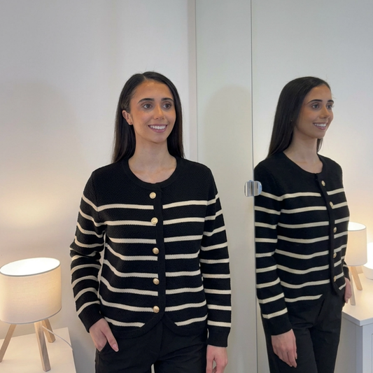 Black/Cream Striped Gold Button Cardigan